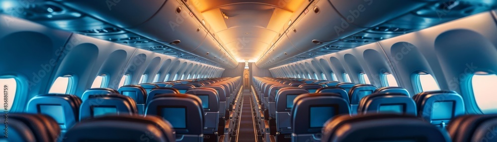 Fototapeta premium Closeup of the empty seats and aisle of a commercial airliner, emphasizing the quiet and solitude of early morning flights