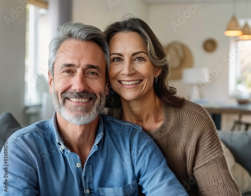  - A professional photograph showcasing a mature couple's affection in a comfortable domestic setting., Crisp and clear image of a 40-year-old couple sharing a moment of connection in their living roo © MheeP