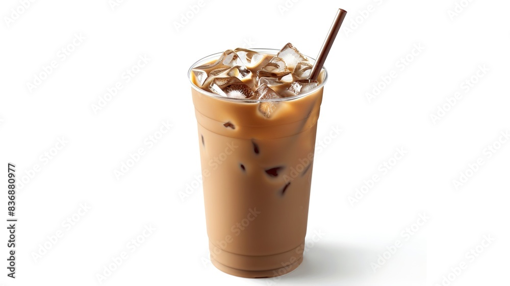 A cup of iced chai tea with ice cubes and a straw, set on a solid white background, emphasizing the refreshing and cool qualities of the drink. A cup of iced chai tea with ice cubes and a straw, set on a solid white background, emphasizing the refreshing and cool qualities of the drink.