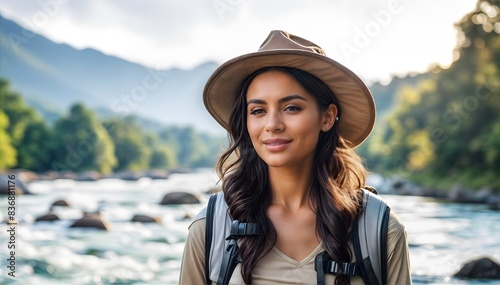  A young woman wearing a brown hat is standing on a rocky cliff overlooking a river.