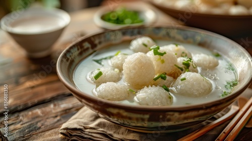 Closeup of a bowl of bua loy, featuring glutinous rice balls in sweetened coconut milk, all set on a rustic wooden table in a cozy restaurant atmosphere photo