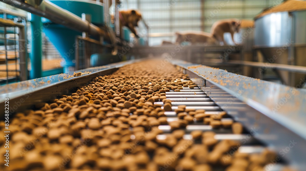 The pet food industry in action, with a factory producing dry dog food using advanced pelleted feed technology The pet food industry in action, with a factory producing dry dog food using advanced pelleted feed technology