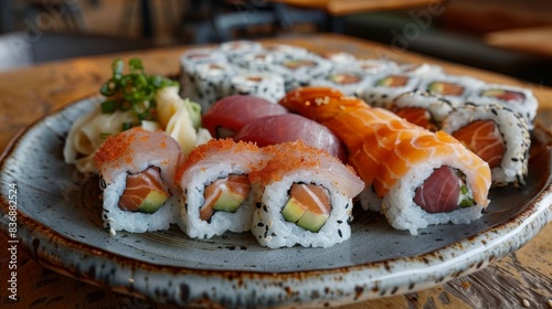 Closeup of a plate of sushi assortment, featuring fresh nigiri and maki rolls with vibrant fish, all set on a rustic wooden table in a cozy restaurant atmosphere