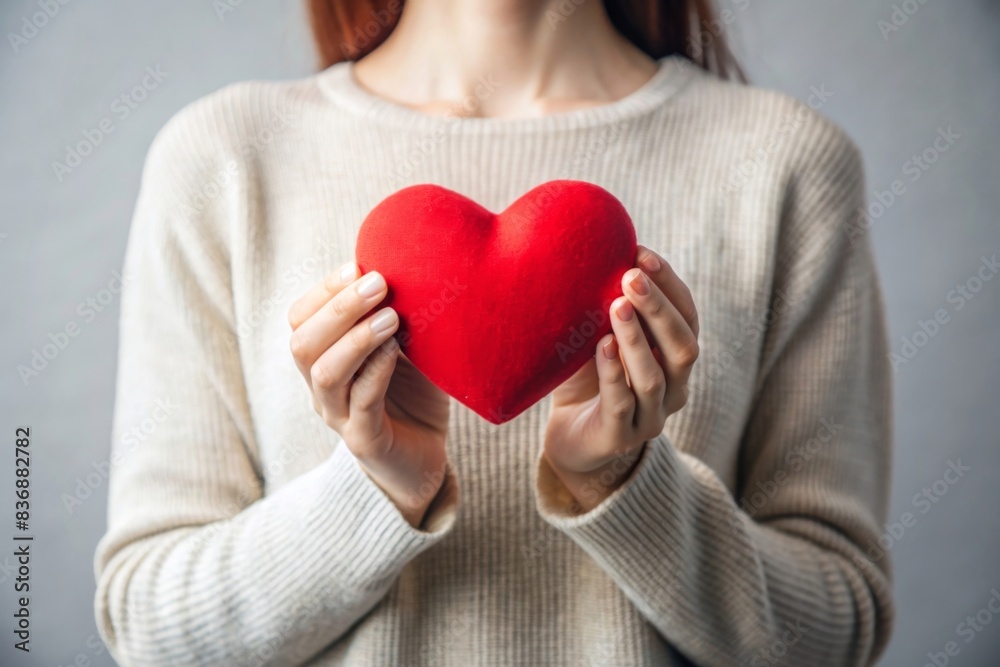 A hand holding a red heart on a white background, a closeup photo of a woman's finger with a love symbol isolated on a grey pastel colored background in the style of a minimalistic A hand holding a red heart on a white background, a closeup photo of a woman's finger with a love symbol isolated on a grey pastel colored background in the style of a minimalistic