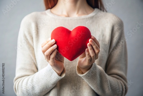 A hand holding a red heart on a white background, a closeup photo of a woman's finger with a love symbol isolated on a grey pastel colored background in the style of a minimalistic