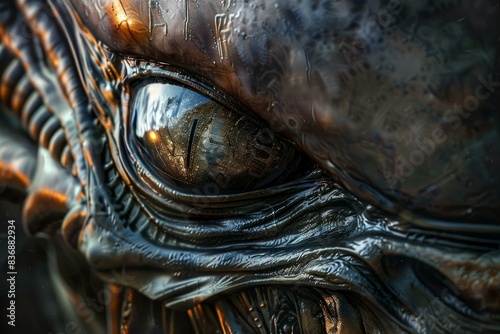 Detailed closeup of an intense alien gaze, featuring the textured skin and intricate eye of an otherworldly extraterrestrial creature, with a glossy and menacing reflection