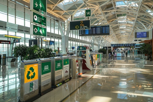 A bustling airport terminal with recycling stations and signs promoting waste generated by AI
