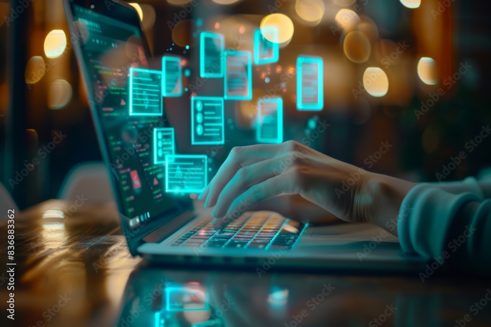 A modern workspace with a person's hands typing on a laptop keyboard, futuristic translucent document icons floating above the screen A modern workspace with a person's hands typing on a laptop keyboard, futuristic translucent document icons floating above the screen