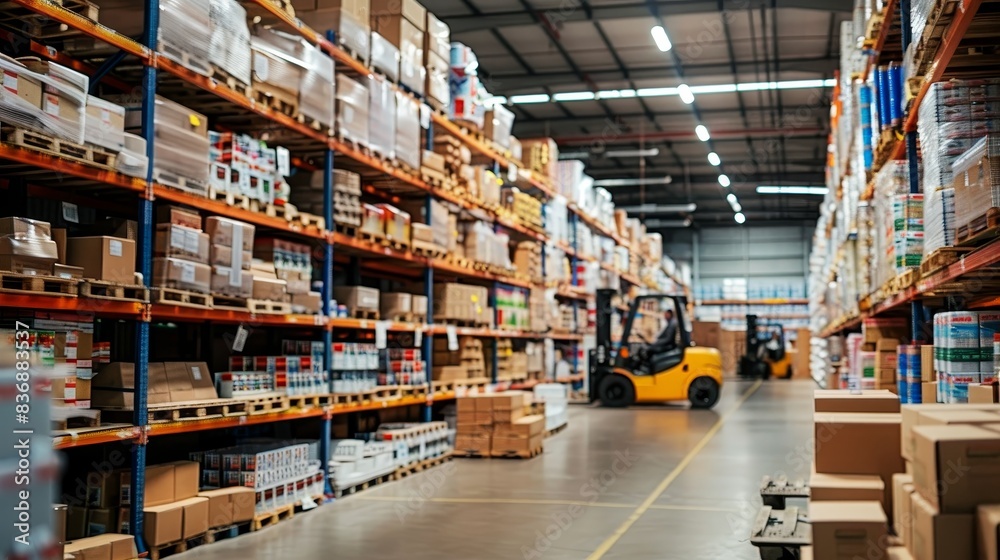 Pallets stacked high, forklifts maneuvering through aisles, and cartons ready for distribution in a high-resolution image. Pallets stacked high, forklifts maneuvering through aisles, and cartons ready for distribution in a high-resolution image.