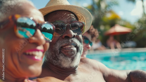 close-up of an African American elderly couple enjoying a fantastic time together by the pool on a summer tropical vacation. Elderly Couple’s Peaceful Summer Getaway.