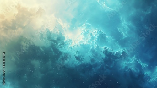 Ethereal dreamscape of swirling clouds, painted in hues of blue and green. Soft light filters through the mist, creating a sense of mystery and wonder.