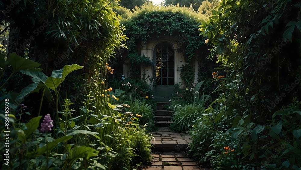 Naklejka premium A narrative set in a lush, overgrown garden teeming with secrets ai_generated