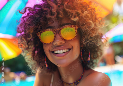 Beautiful smiling woman with curly hair wearing colorful sunglasses at a pool party in summer