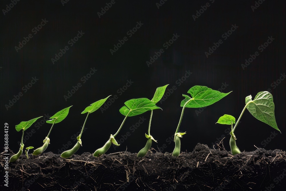 Fototapeta premium A dramatic time-lapse photo showing the growth of a bean plant generated by AI