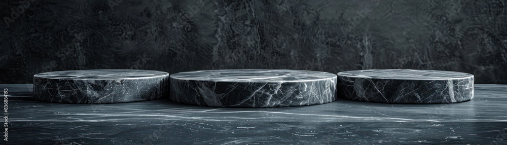Minimalistic dark stone platforms with textured marble finish on a rustic concrete background, perfect for product placement and design showcases. Minimalistic dark stone platforms with textured marble finish on a rustic concrete background, perfect for product placement and design showcases.