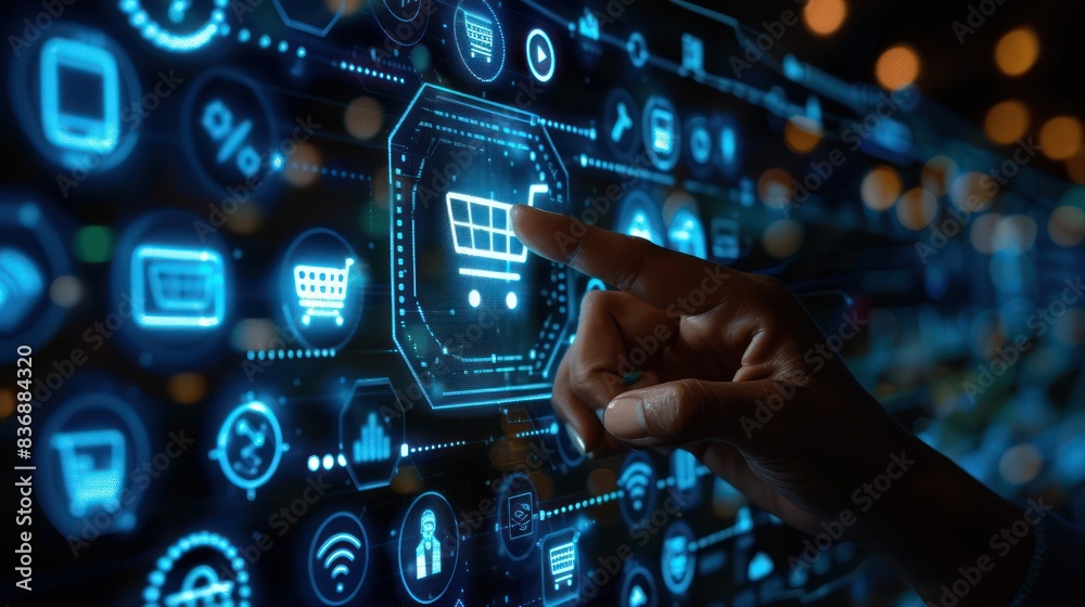 Touch screen interface showcasing digital shopping icons and technology with a person's hand pressing a cart symbol, signifying e-commerce. Touch screen interface showcasing digital shopping icons and technology with a person's hand pressing a cart symbol, signifying e-commerce.