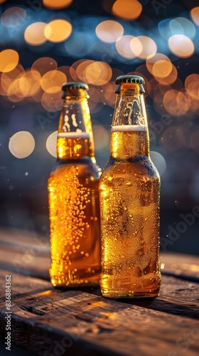 Two cold beer bottles with condensation on a wooden table, glowing bokeh lights in the background create a festive atmosphere.