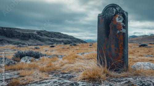 Aged, weathered gravestone stands alone in a desolate, dry landscape with mountains in the background, under a cloudy sky, evoking a sense of solitude and history.