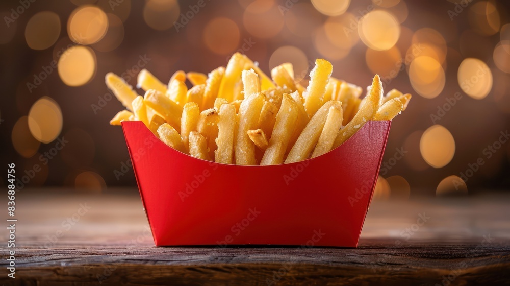 Crispy French fries in a red container, against a blurred festive background. Perfect for fast food, snack, and party themes. Crispy French fries in a red container, against a blurred festive background. Perfect for fast food, snack, and party themes.