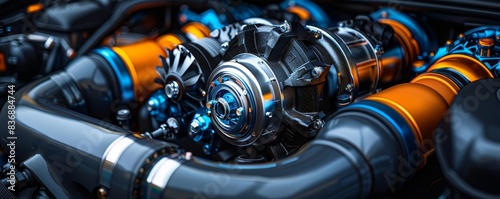 Detailed shot of a car s turbocharger and engine bay
