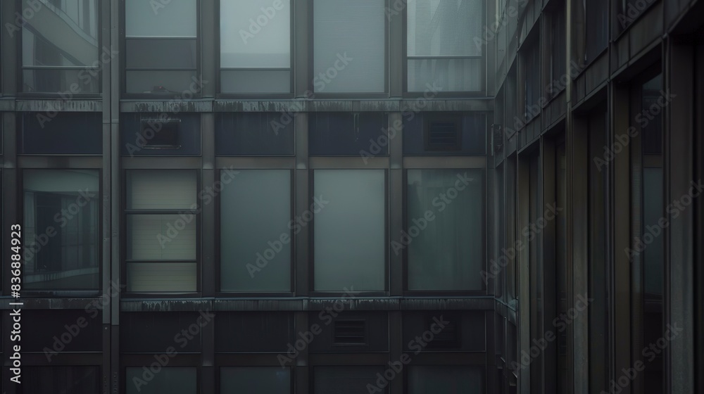 Close view of hospital windows, fog-covered, no humans, soft gray tones, dusk light Close view of hospital windows, fog-covered, no humans, soft gray tones, dusk light
