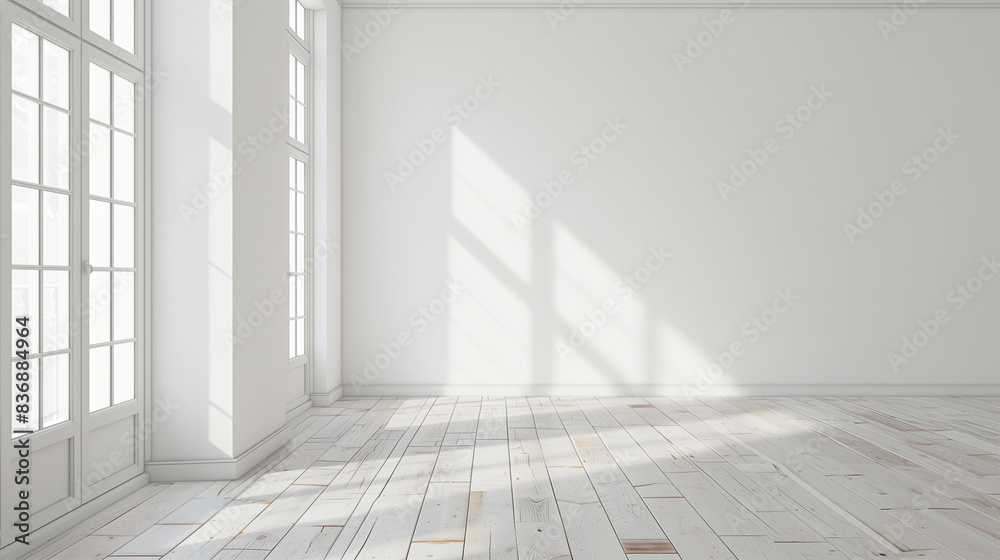 A bright room with large windows and wooden flooring, filled with natural light. The minimalist design and white walls create a serene and open space, ideal for various uses