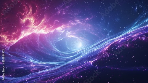 Swirling vortex of a black hole, with bright light at center, purple and blue gases swirling around, illuminated by light from center.