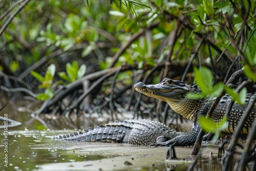 Serene and undisturbed ecosystem with a resting alligator amidst lush mangroves in a peaceful wetland habitat