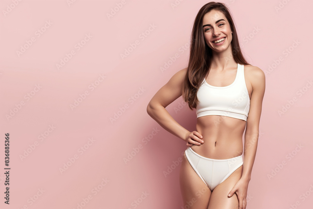 Naklejka premium Smiling woman in white sportswear standing against a pink background, radiating health and confidence, perfect for fitness and lifestyle promotions. 