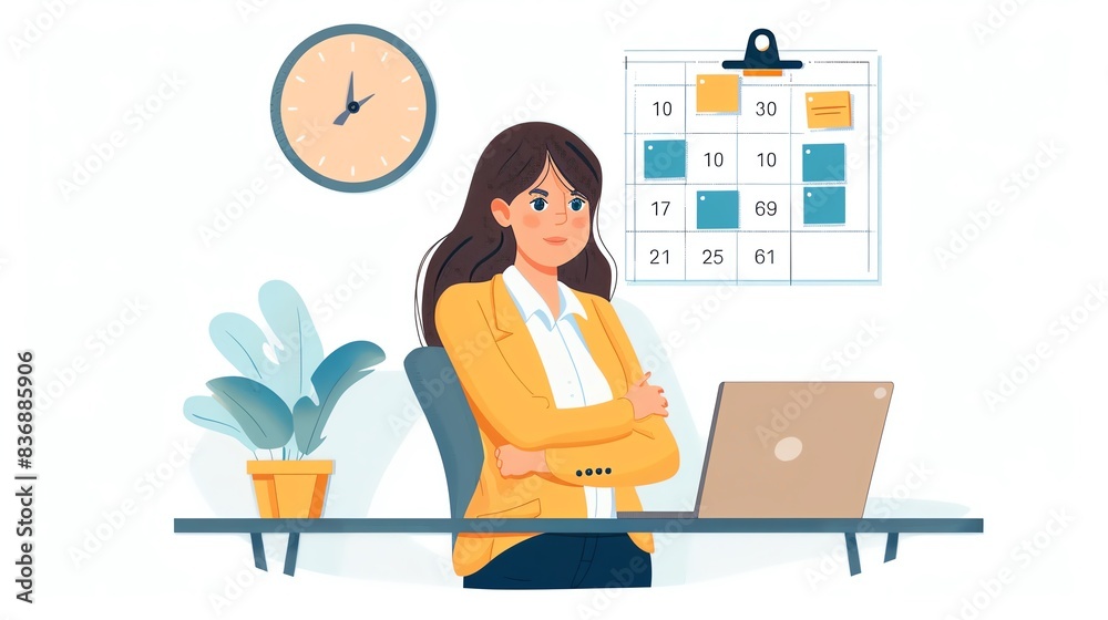 Illustration of a confident businesswoman sitting at her desk with a calendar on the wall behind her, depicting workplace professionalism and organization. Illustration of a confident businesswoman sitting at her desk with a calendar on the wall behind her, depicting workplace professionalism and organization.