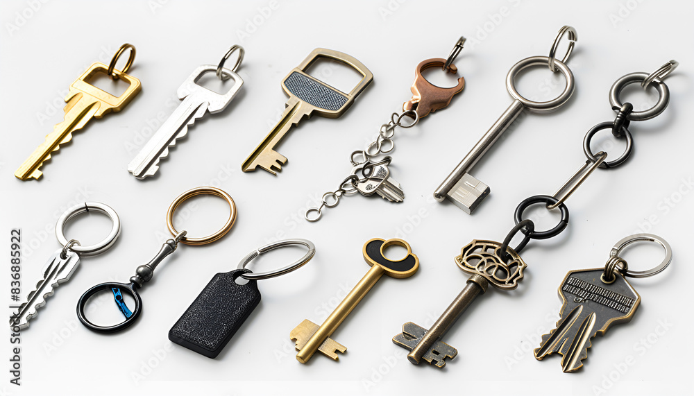 Set of different key chains isolated on white Set of different key chains isolated on white