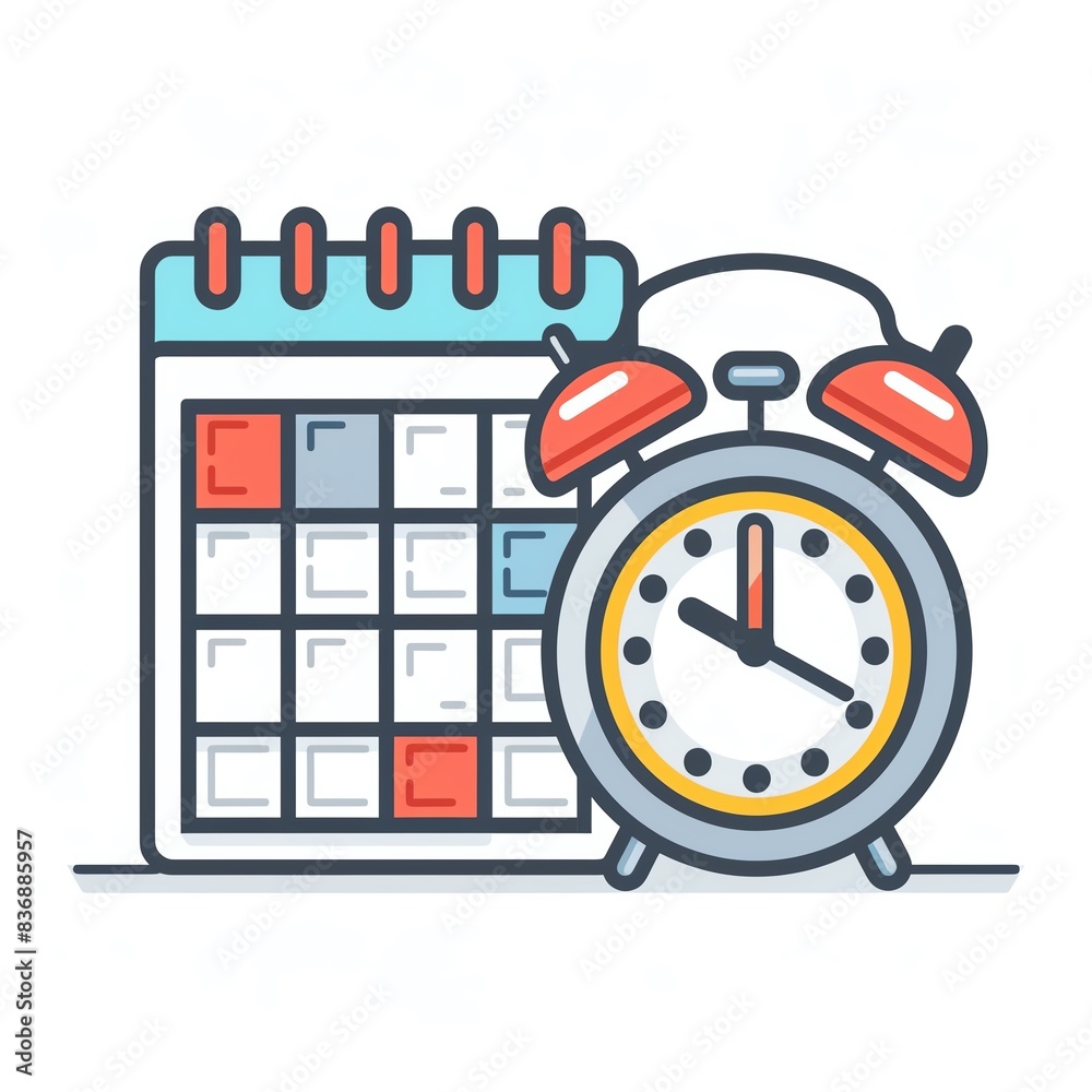Illustration of a calendar and an alarm clock representing scheduling and time management with a white background. Illustration of a calendar and an alarm clock representing scheduling and time management with a white background.