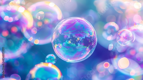 Colorful close-up of iridescent soap bubbles floating with a blurred pastel background, evoking a whimsical and dreamy atmosphere.