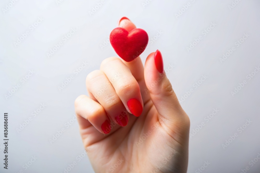 Fototapeta premium A hand holding a red heart on a white background, a closeup photo of a woman's finger with a love symbol isolated on a grey pastel colored background in the style of a minimalistic