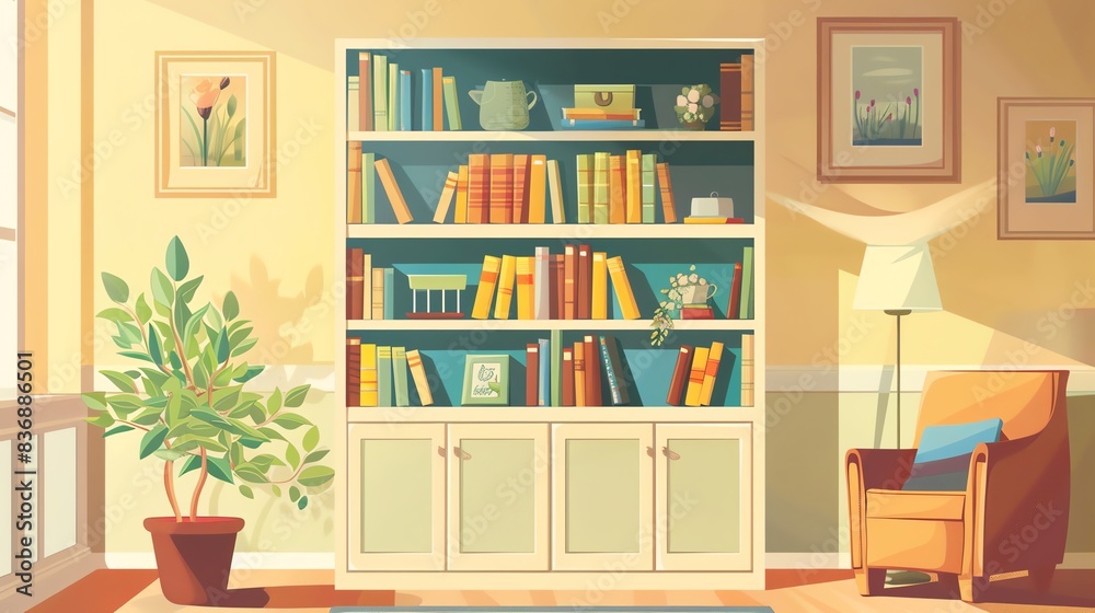 Cozy living room with a bookshelf filled with colorful books, a plant, a chair, and wall art, lit by natural sunlight. Cozy living room with a bookshelf filled with colorful books, a plant, a chair, and wall art, lit by natural sunlight.