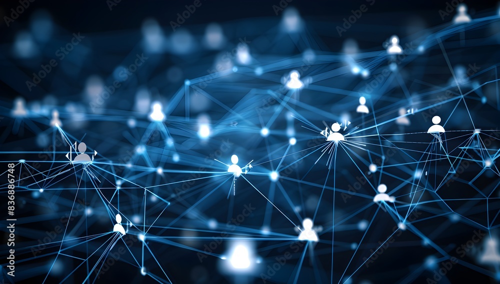 Abstract background with social network connections, people icons and data connections in dark blue colors on a black background
Abstract background with social network connections, people icons and data connections in dark blue colors on a black background
