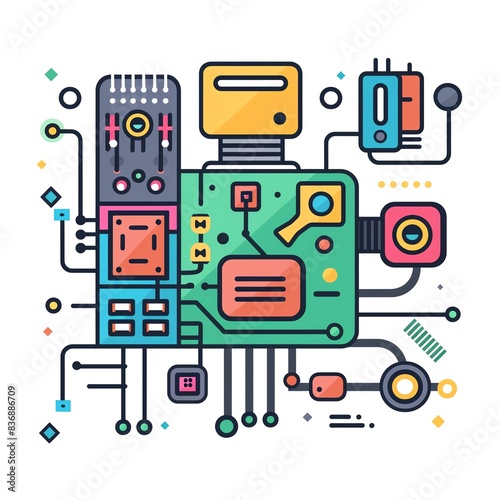 Colorful circuit board illustration showing complex electronic components and connections, representing modern technology and engineering.