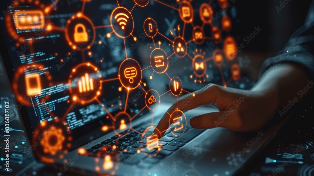 Fototapeta premium Cybersecurity on internet with person touching interface with icons of wireless network connection access on laptop,