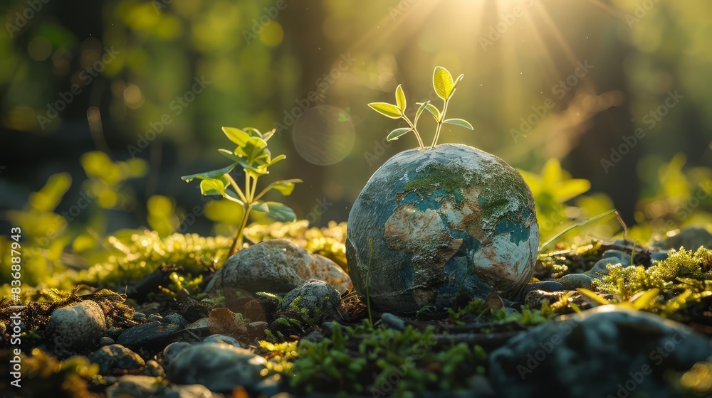 A globe with green shoots growing from it, nestled in a bed of moss, bathed in warm sunlight. A symbol of hope and renewal for the planet. A globe with green shoots growing from it, nestled in a bed of moss, bathed in warm sunlight. A symbol of hope and renewal for the planet.