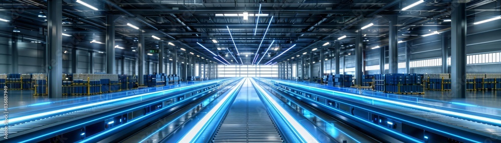 Futuristic distribution hub, glowing blue lines on conveyors managing logistics, a vision of modern commerce Futuristic distribution hub, glowing blue lines on conveyors managing logistics, a vision of modern commerce