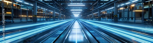 Futuristic distribution hub, glowing blue lines on conveyors managing logistics, a vision of modern commerce