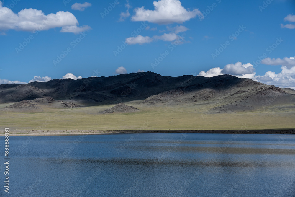 landscape of the surroundings of the village of Kosh Agach mountains with lakes and unusual landscapes in the southern regions of Altai in May