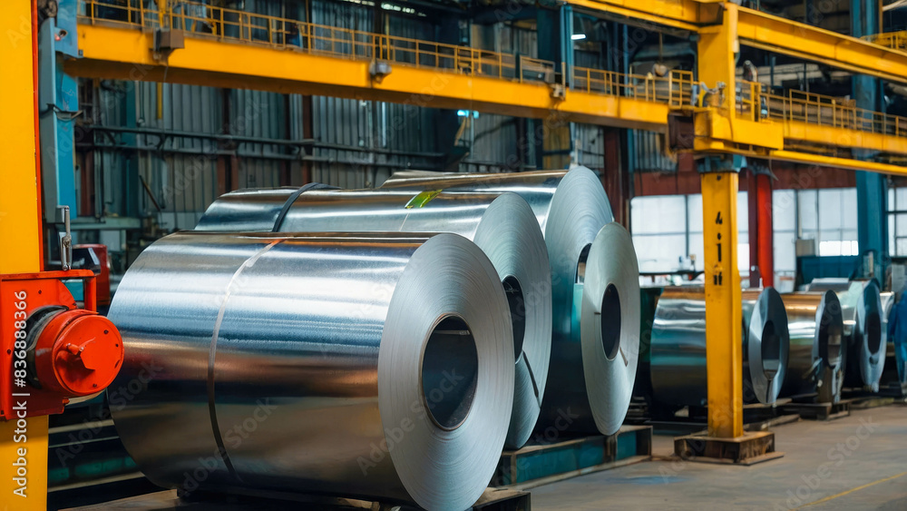 Roll steel, stainless or galvanized steel coil inside factory or warehouse. Include overhead crane, hoist hook Roll steel, stainless or galvanized steel coil inside factory or warehouse. Include overhead crane, hoist hook