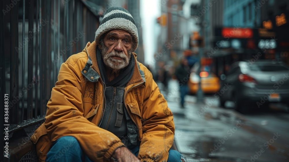 Homeless man sitting against a wall, with city buildings towering behind him