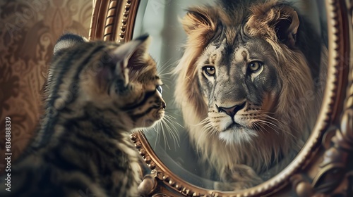 Fierce Lion Reflected in Antique Mirror   Majestic Big Cat Portrait