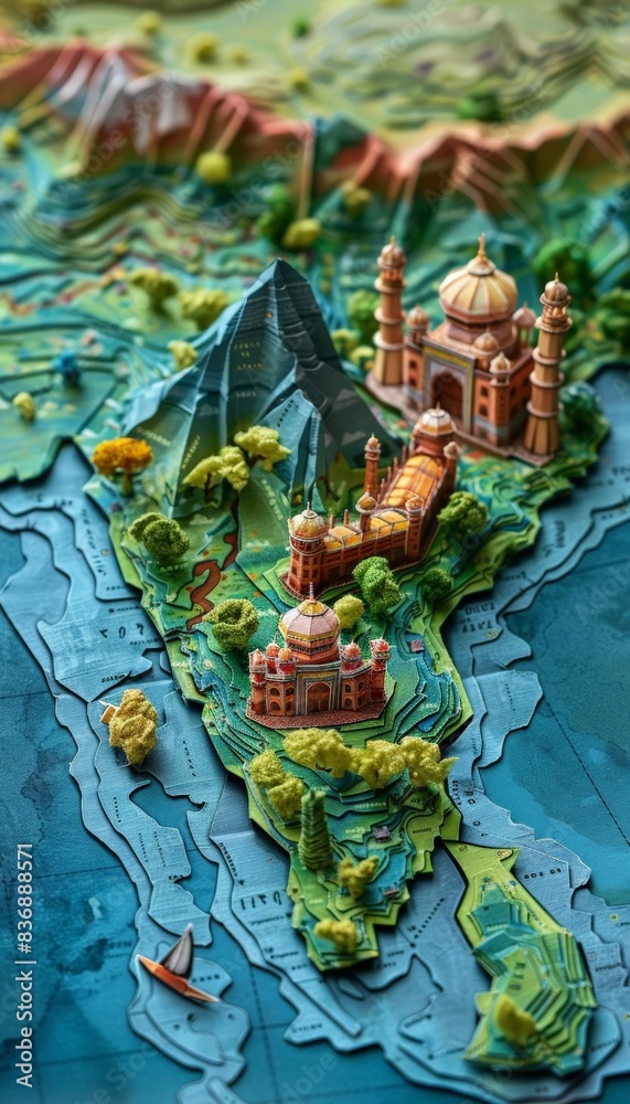 Obraz premium Detailed Indian map origami, ancient art style, pointillism dots, watercolor, highlighting landmarks with rich textures