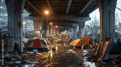 Homeless encampment under a city bridge, with tents and makeshift shelters