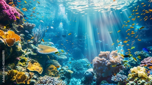 Vibrant Coral Reef Teeming with Diverse Marine Life in Sunlit Blue Waters