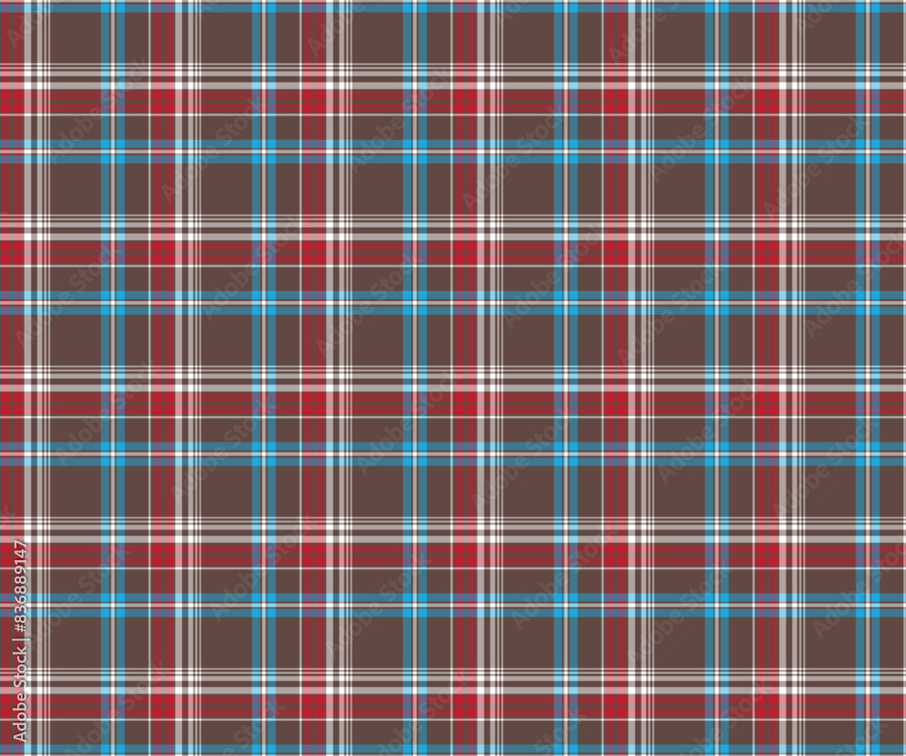 Plaid fabric pattern, brown, blue, red, white, seamless for textiles, and to design clothing, skirts, pants or decorative fabric. Vector illustration.
