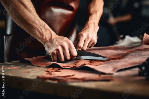 close-up of man cutting leather in workshop